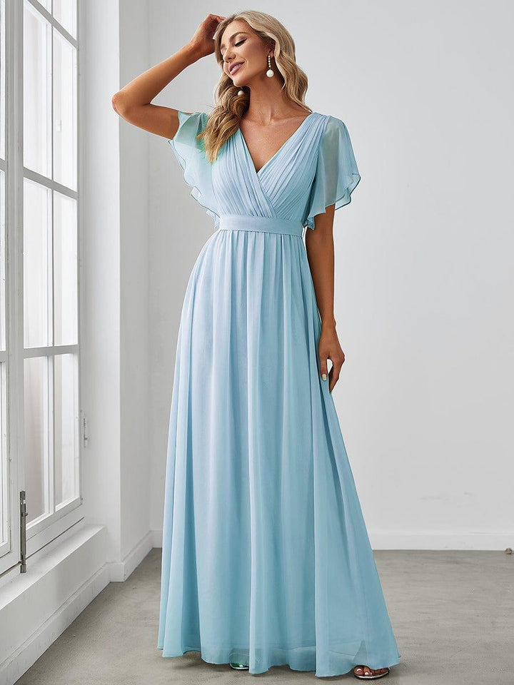 Damen Abendkleid A-Linie, V-Ausschnitt, Maxilänge, puristisch elegant.