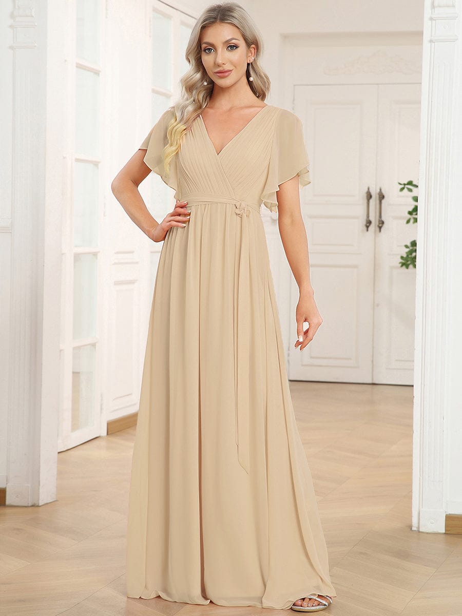 Partykleid A-Linie, V-Ausschnitt, Flügelärmel, lang, für besondere Abende.