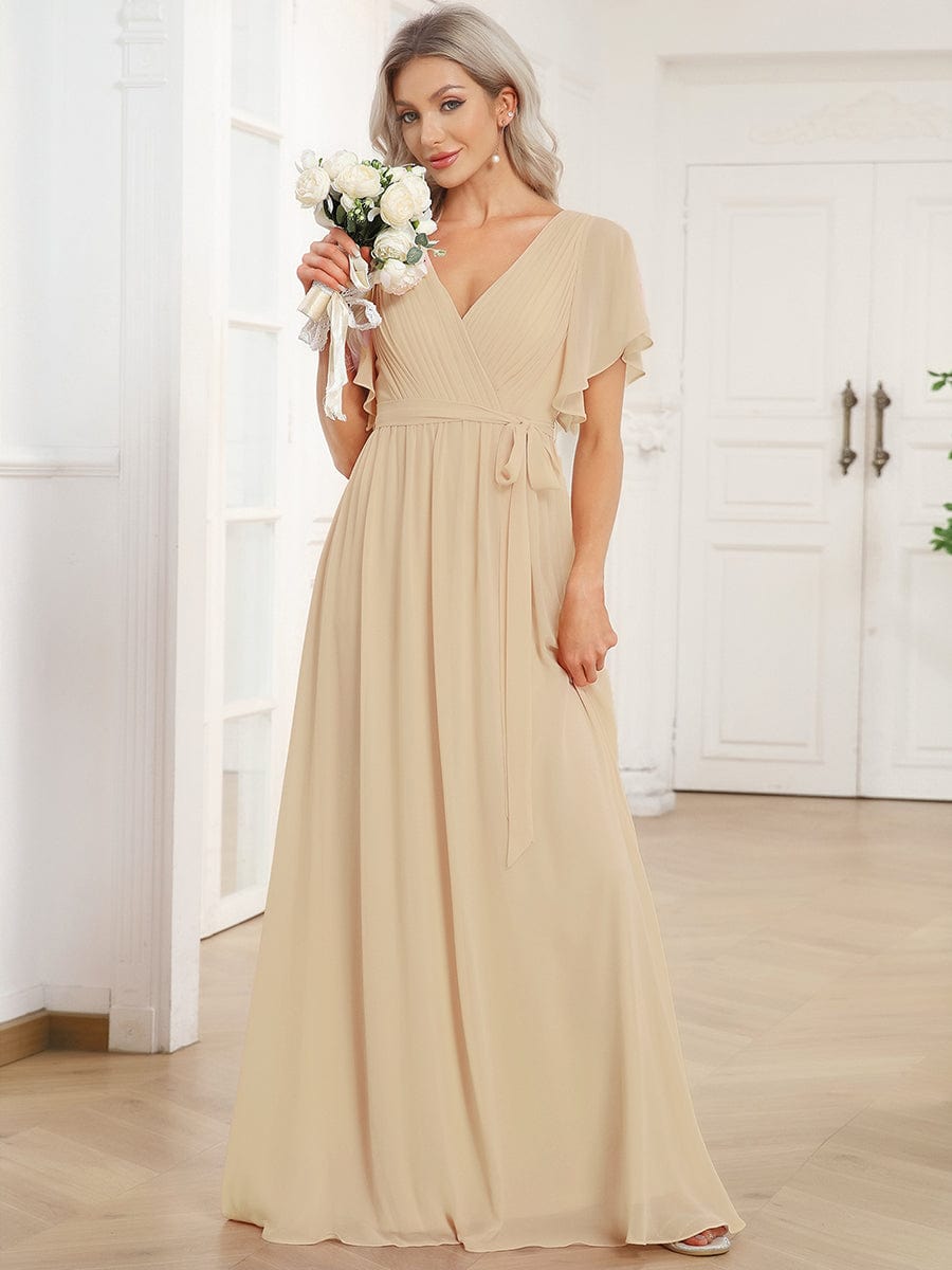 Brautjungfernkleid A-Linie, V-Ausschnitt, Flügelärmel, lang, bequem.