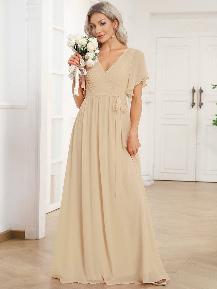 Brautjungfernkleid A-Linie, V-Ausschnitt, Flügelärmel, lang, bequem.