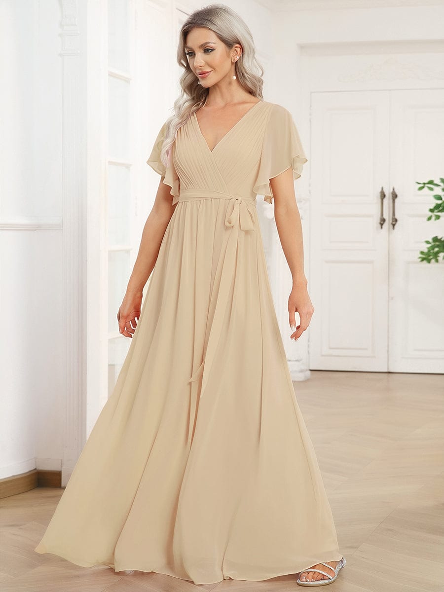 Hochzeitsgastkleid A-Linie, V-Ausschnitt, lange Form, schmeichelnd.