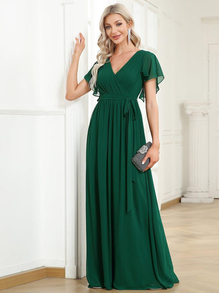 Hochzeitsgastkleid A-Linie, lang, V-Ausschnitt, femininer Look.