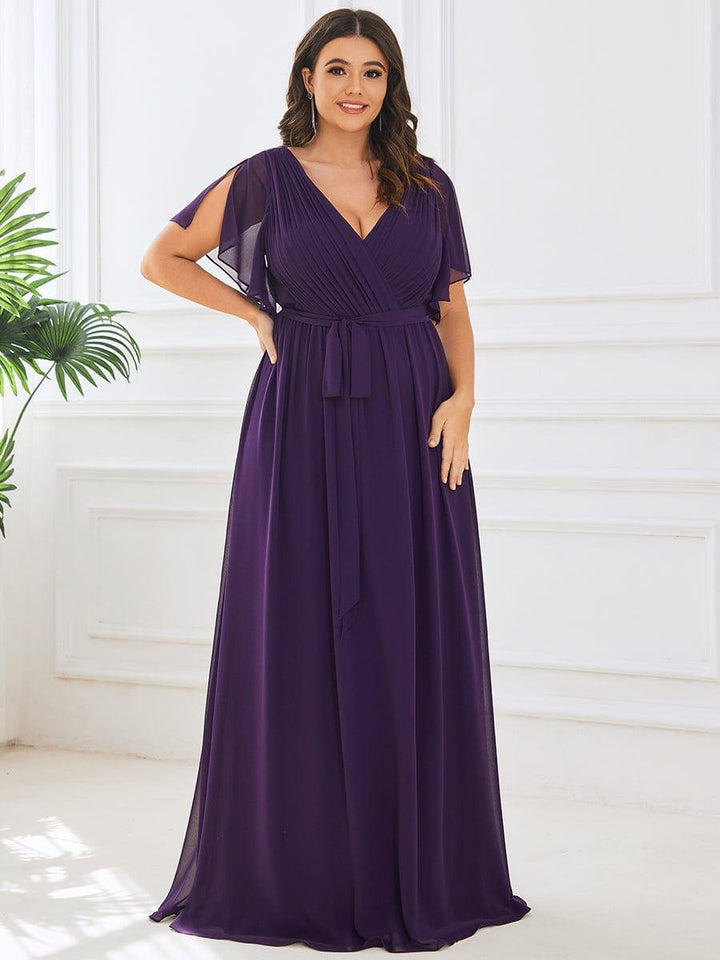 Brautjungfernkleid A-Linie, V-Ausschnitt, Flügelärmel, bodenlang.