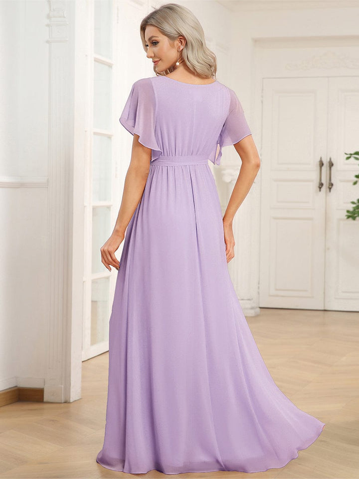 Brautjungfernkleid A-Linie, V-Ausschnitt, Flügelärmel, lang, modern.