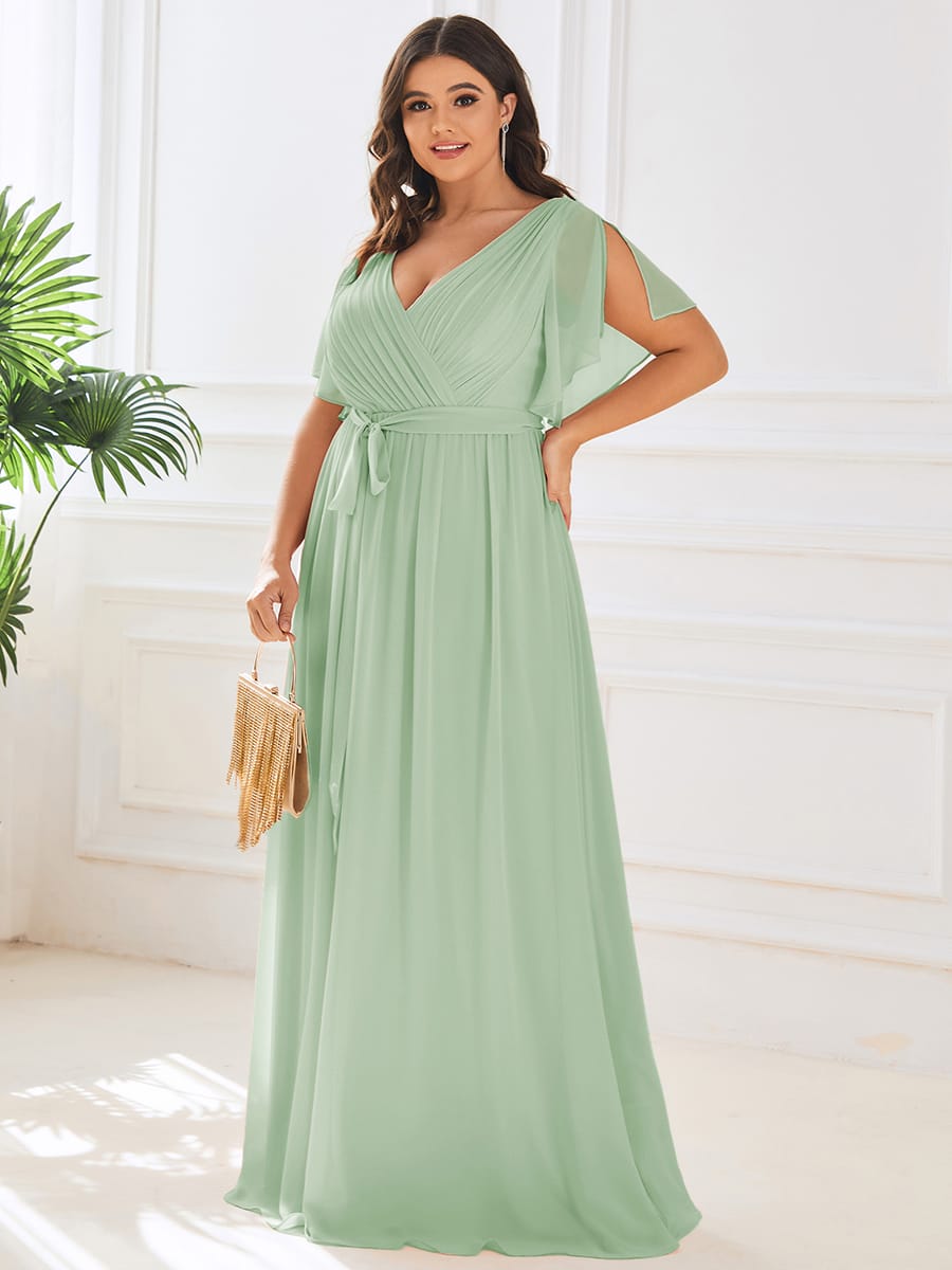 Brautjungfernkleid A-Linie, V-Ausschnitt, Flügelärmel, lang, vielseitig.
