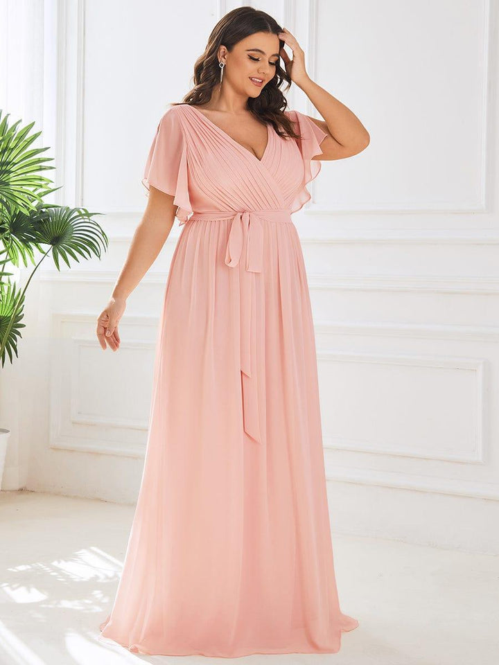 Elegantes A-Linie Damenkleid, V-Ausschnitt, Flügelärmel, lang.