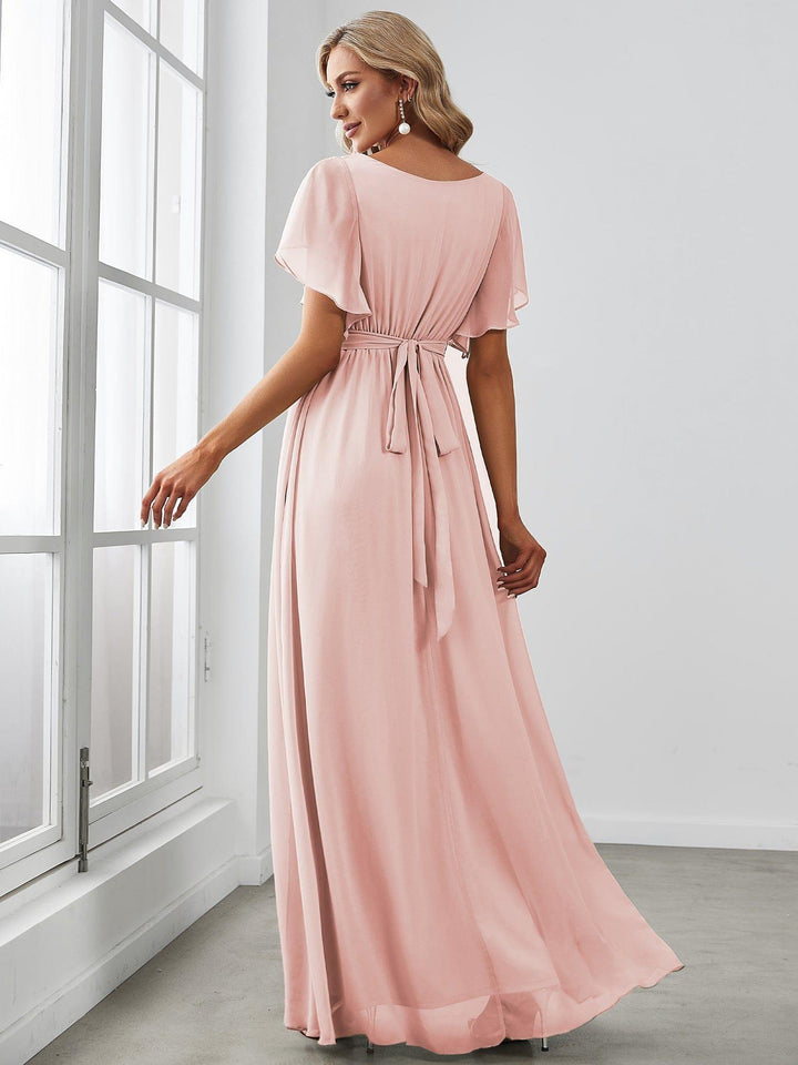 Festliches Maxikleid A-Linie, V-Ausschnitt, Flügelärmel, lang.