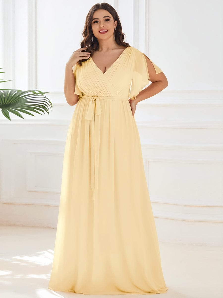 Brautjungfernkleid A-Linie, V-Ausschnitt, Flügelärmel, lang, schick.