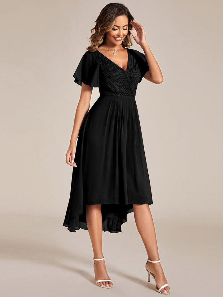Schickes Hochzeitsgastkleid Vokuhila, Kurzarm, A-Linie, elegant für jede Sommerhochzeit.