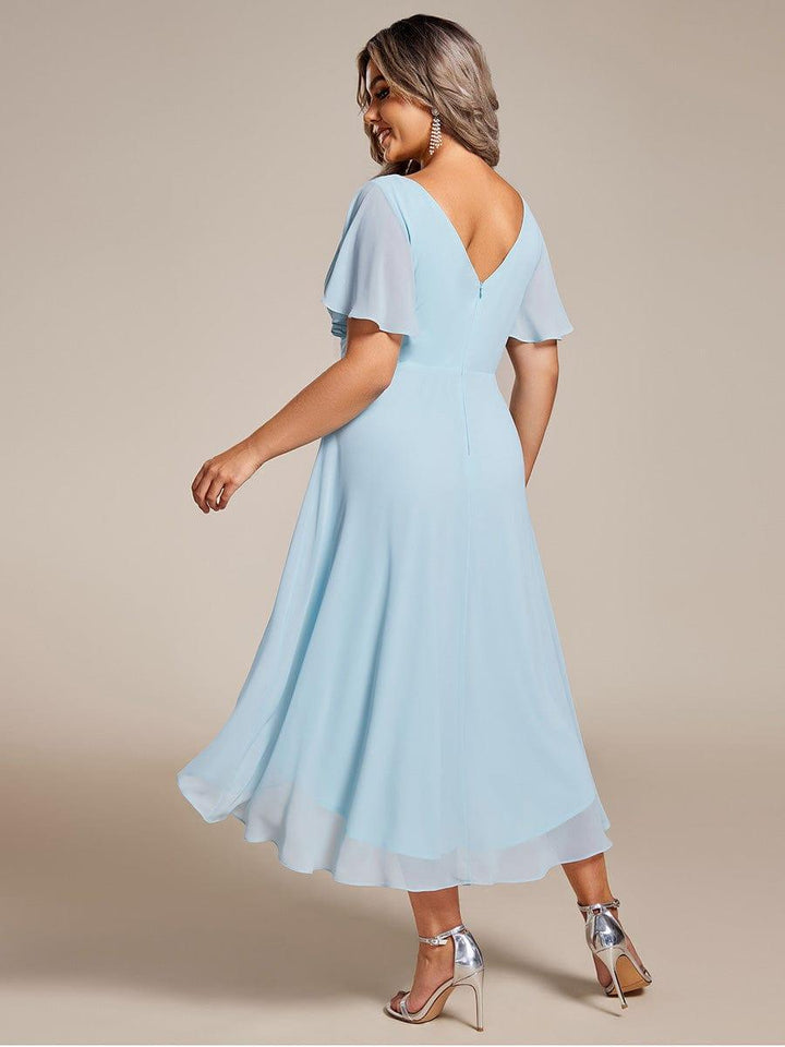 Elegantes Vokuhila Damenkleid, Kurzarm, Midi-Länge, für Hochzeiten & Abendevents.