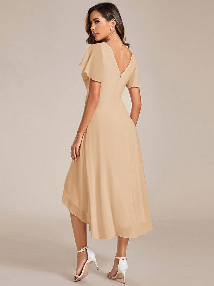 Elegantes Vokuhila Hochzeitsgast-Kleid, A-Linie, Empire-Taille, Kurzarm für den Anlass.