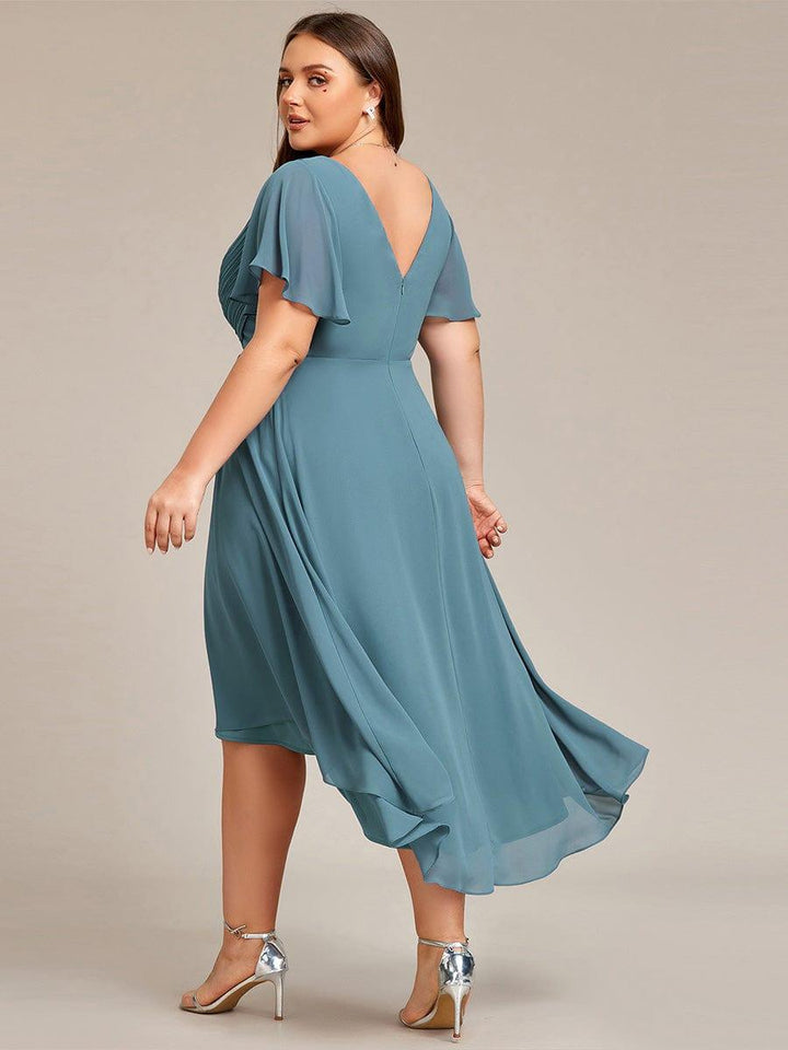 Damen Vokuhila Hochzeitsgast-Kleid, Kurzarm, Midi-Länge, perfekt für sommerliche Hochzeiten.