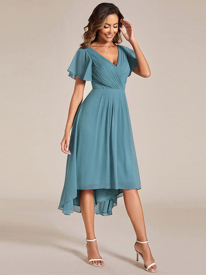 Elegantes Vokuhila Damenkleid, Kurzarm, Midi-Länge, für Hochzeiten & Bälle.
