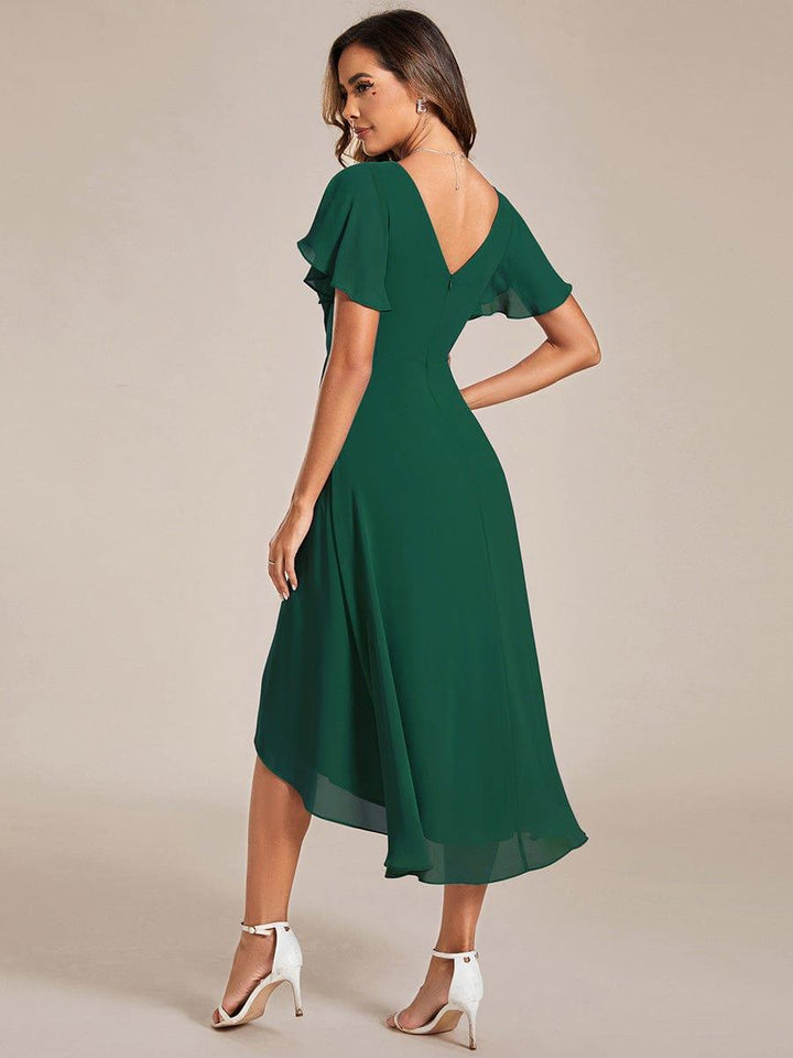 Festliches Damenkleid Vokuhila, Kurzarm, Empire-Taille, perfekt für Hochzeitsgast oder Cocktailparty.
