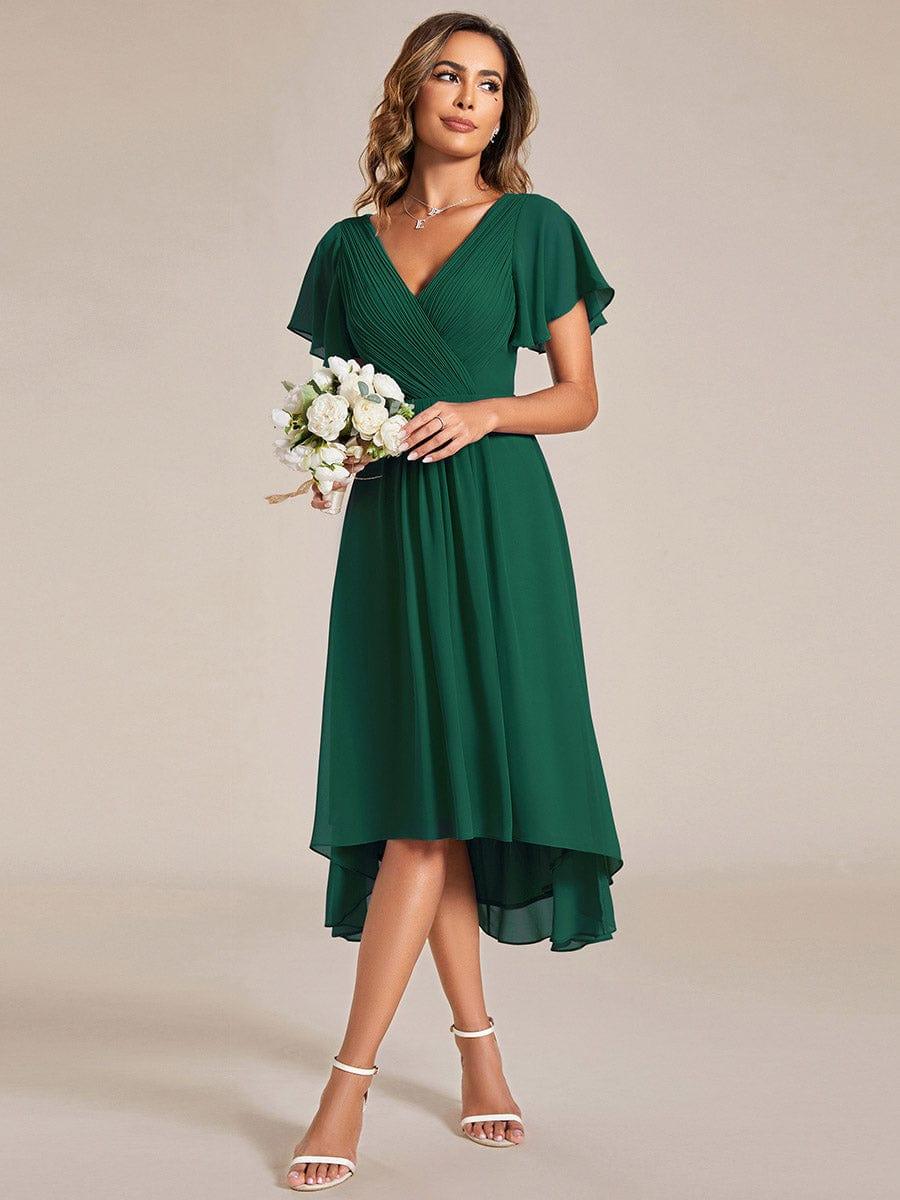 Sommerliches Vokuhila Festkleid für Damen, Kurzarm, Midi-Länge, perfekt als elegantes Abendkleid.