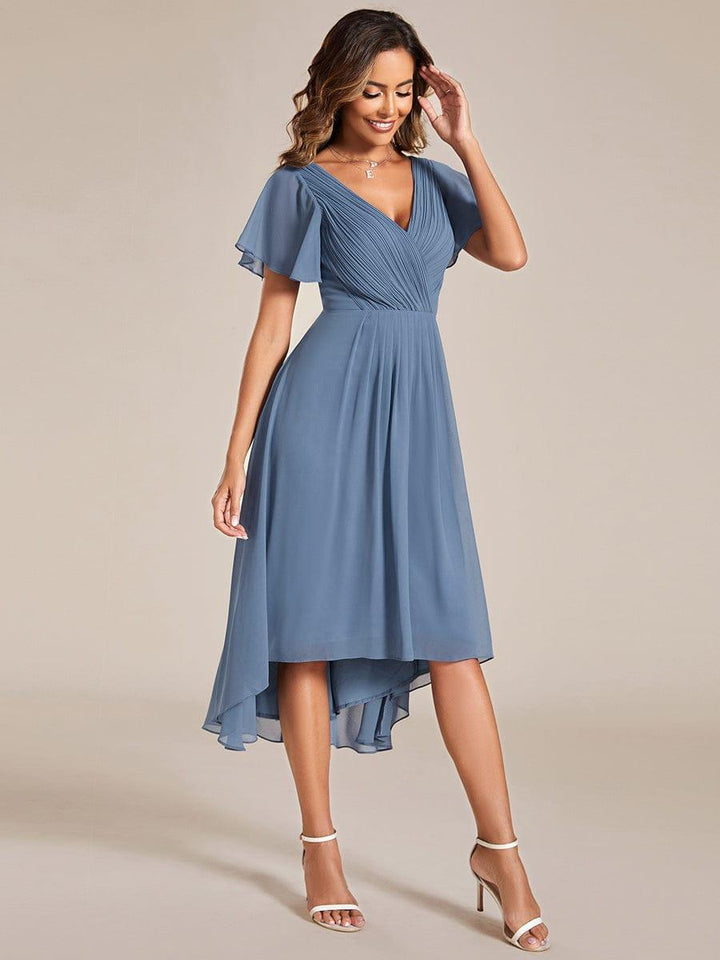 Elegantes Festkleid für Damen, Vokuhila-Schnitt, Kurzarm, ideal für Hochzeiten & Abendveranstaltungen.
