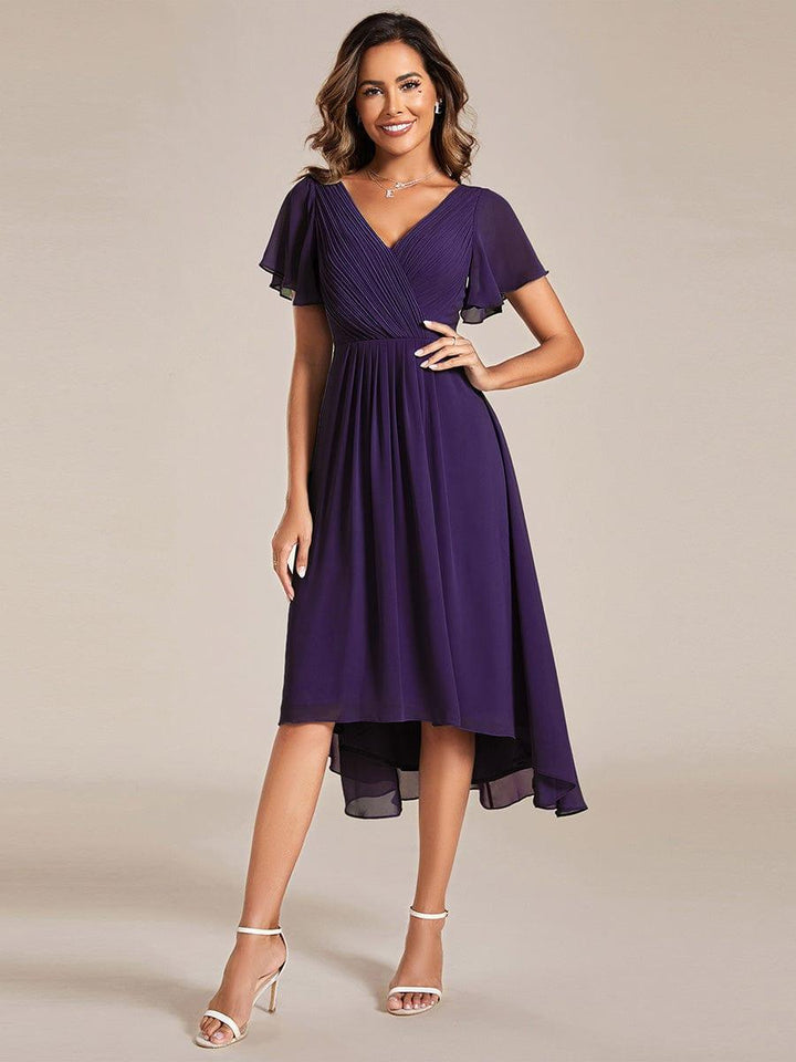 Festliches Vokuhila Abendkleid, Midi-Länge, Kurzarm, ideal als Brautjungfernkleid.