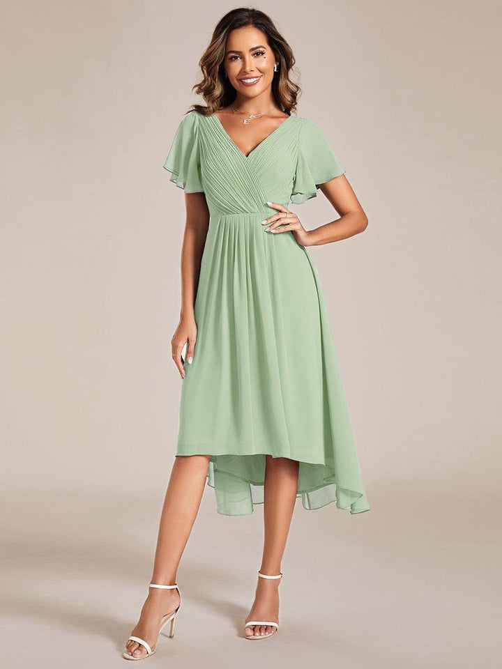 Festliches Vokuhila Abendkleid, Midi-Länge, Kurzarm, ideal als Brautjungfernkleid.