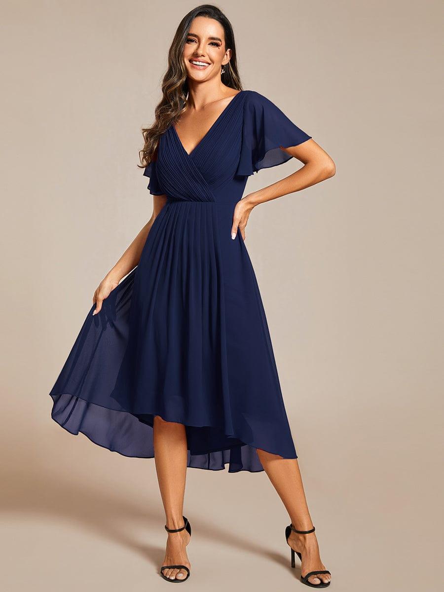 Festliches Vokuhila Abendkleid, Midi-Länge, Kurzarm, ideal als Brautjungfernkleid.