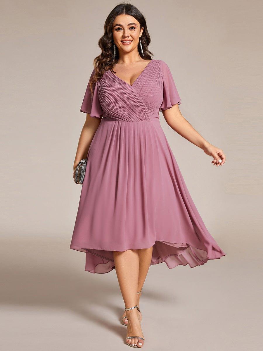Elegantes Vokuhila Hochzeitsgast-Kleid, A-Linie, Empire-Taille, Kurzarm für den Anlass.