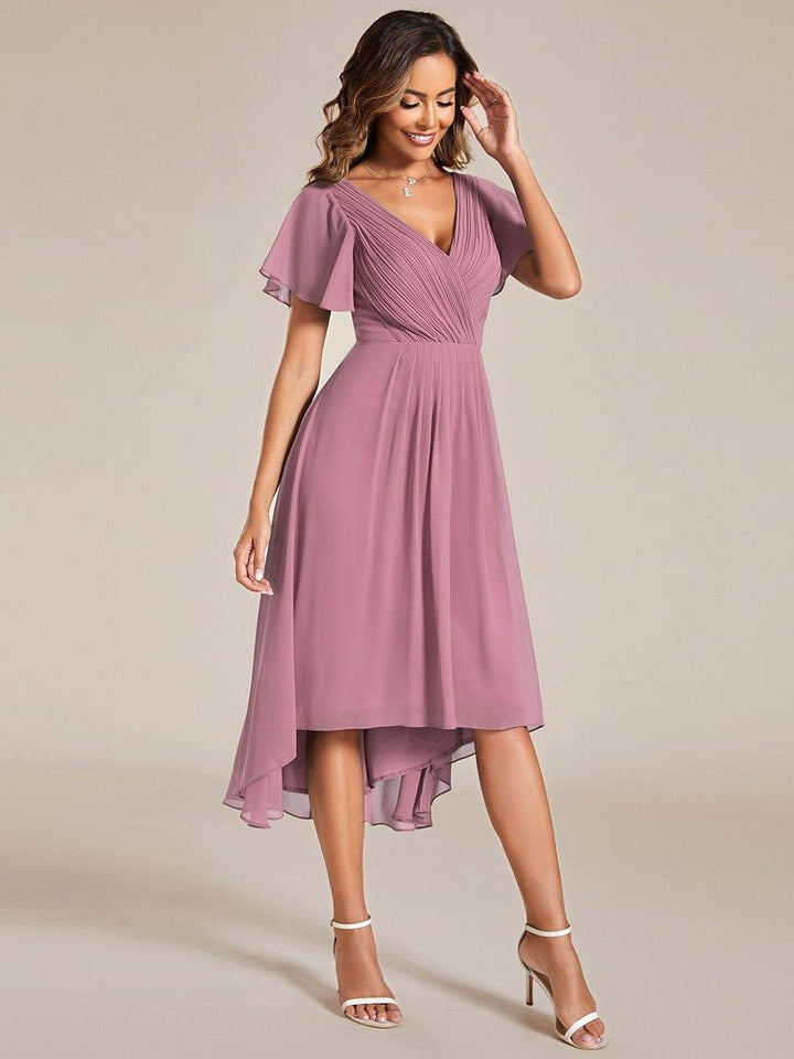 Damen Vokuhila Brautjungfernkleid, Kurzarm, Midi-Länge, perfekt für Hochzeitsfeiern.