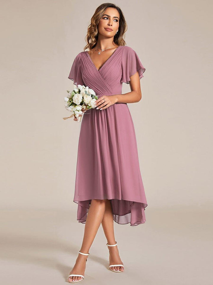 Festliches Damenkleid Vokuhila, Kurzarm, Midi-Länge, elegant für Partys & Bälle.