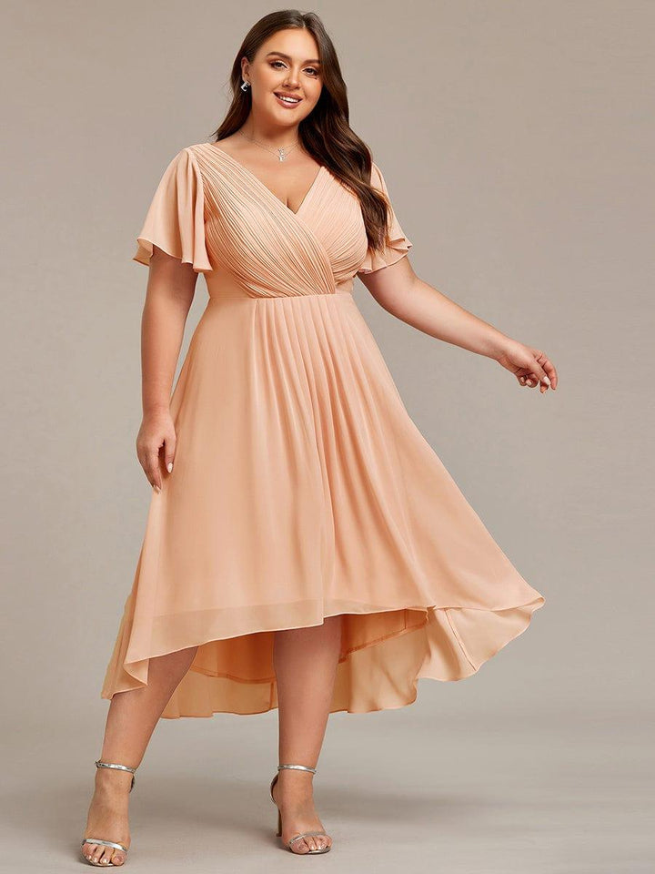 Festliches Vokuhila Abendkleid, Midi-Länge, Kurzarm, ideal als Brautjungfernkleid.