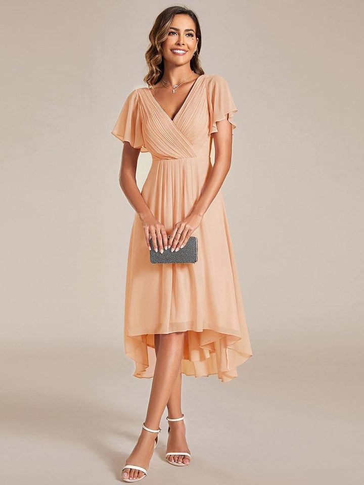 Elegantes Vokuhila Damenkleid, Kurzarm, Midi-Länge, für Hochzeiten & Abendevents.