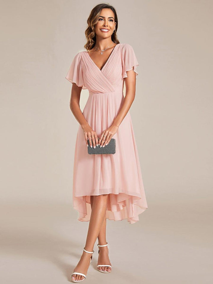 Elegantes Hochzeitsgast-Kleid Vokuhila, Midi-Länge, Kurzarm, A-Linie für einen festlichen Look.