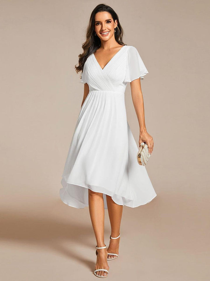 Elegantes Vokuhila Damenkleid, Kurzarm, Midi-Länge, für Hochzeiten & Partys.