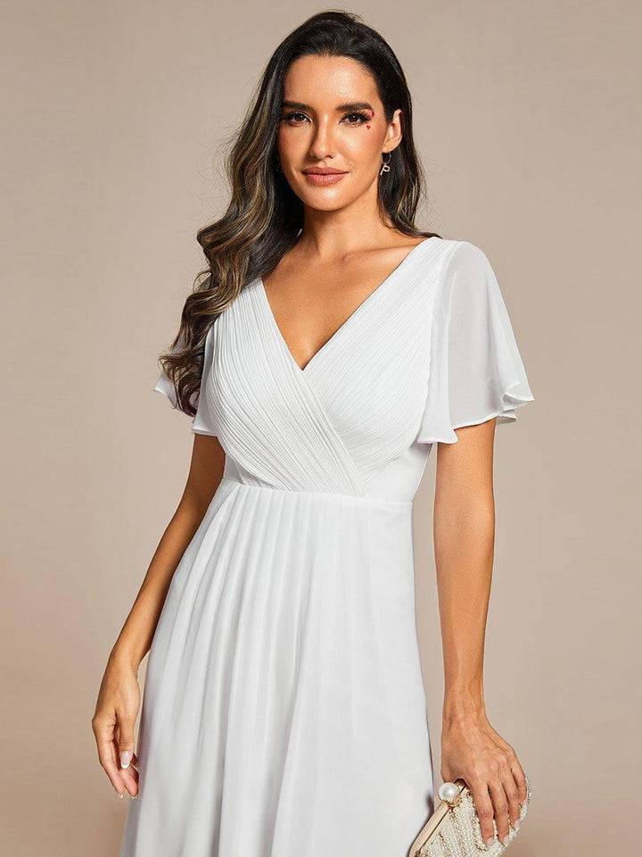 Damen Vokuhila Hochzeitsgast-Kleid, Kurzarm, Midi-Länge, perfekt für Sommerhochzeiten.
