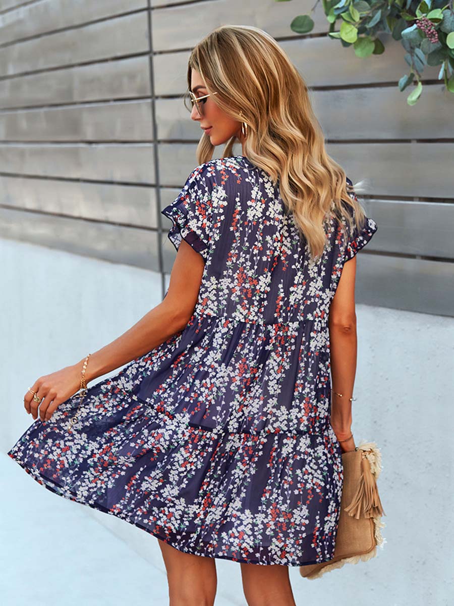 Stilvolles A-Linien-Musterkleid für Damen, bequem mit Blumen-Print & V-Ausschnitt für jede Gelegenheit.