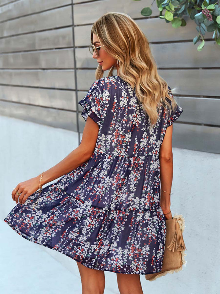 Stilvolles A-Linien-Musterkleid für Damen, bequem mit Blumen-Print & V-Ausschnitt für jede Gelegenheit.