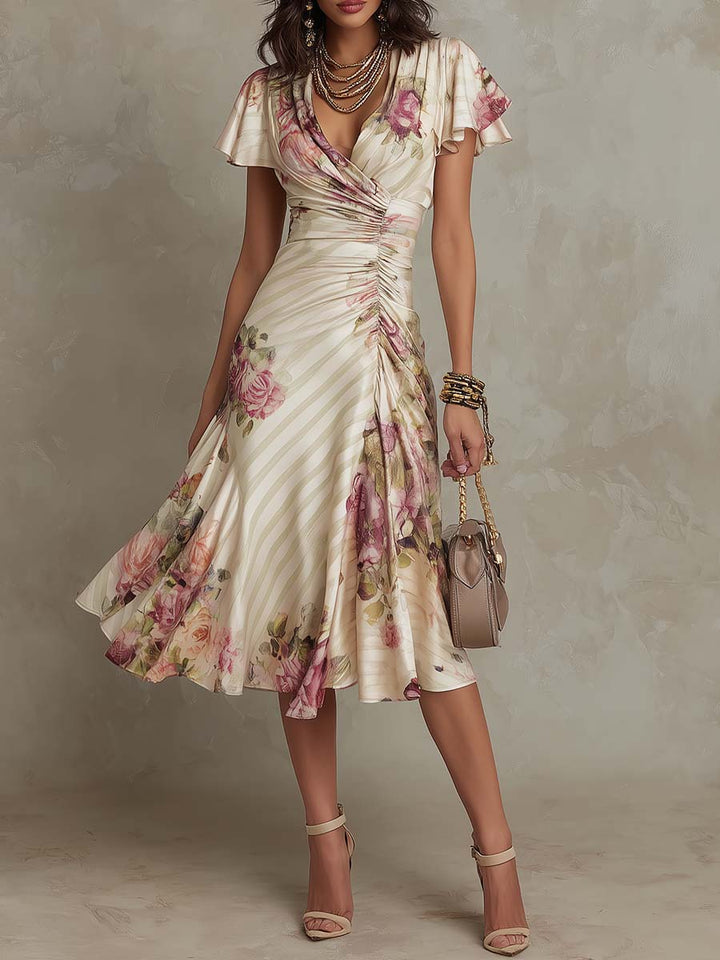 Damen Blumenmuster Midi-Kleid in Wickeloptik & A-Linie für Frühling & Sommer. Elegant & festlich.