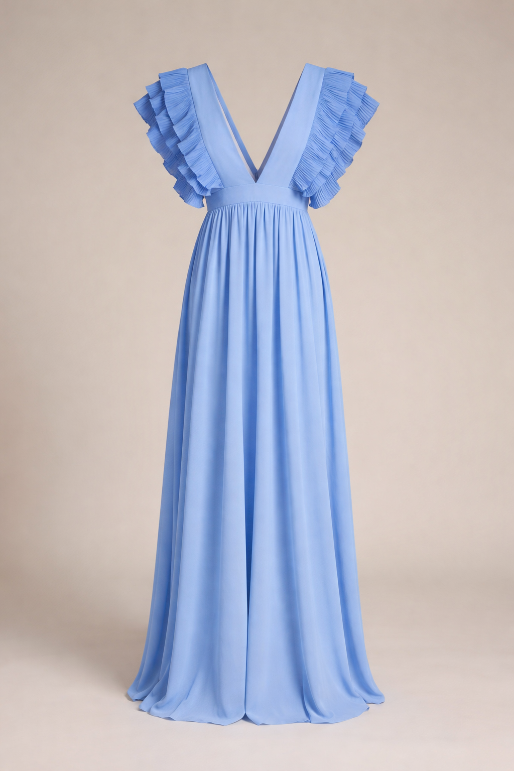Fließendes Damen Sommer-Maxikleid mit V-Ausschnitt, zarten Rüschen und langem Schnitt, ideal als Hochzeitsgastkleid.