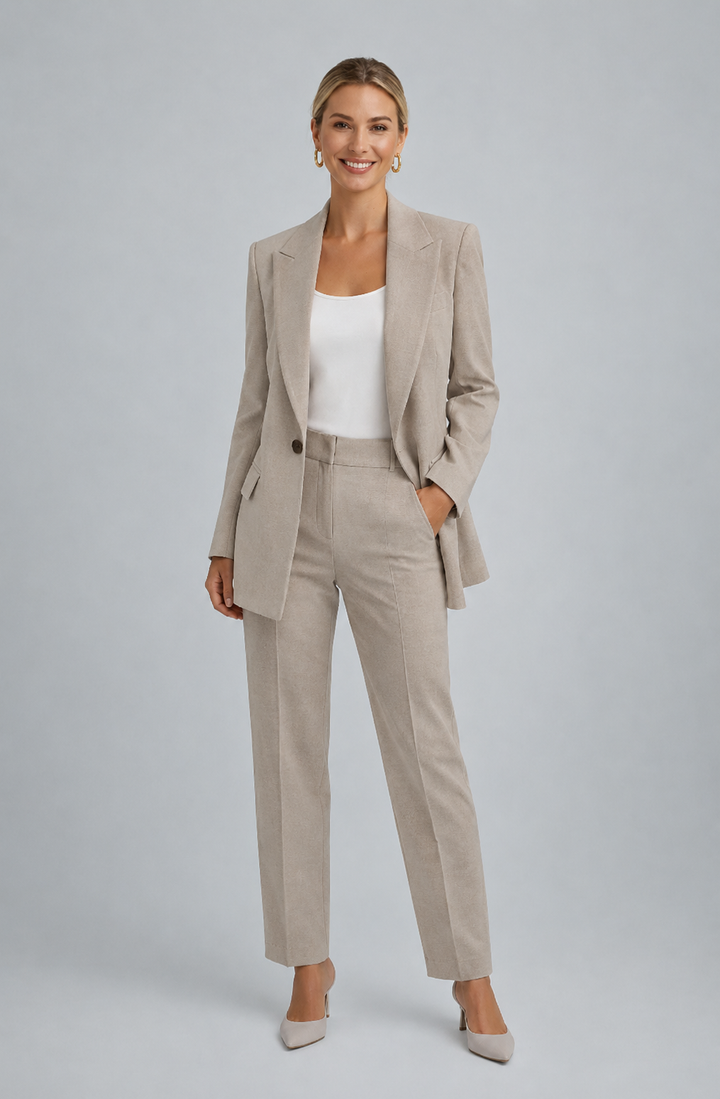 Hochwertiger Damen Hosenanzug mit tailliertem Blazer. Eleganter Zweiteiler für Business und stilvolle Events.