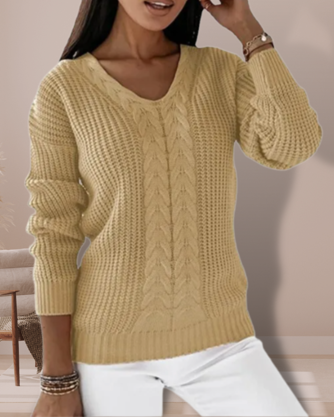 Vielseitiger Damen-Strickpullover mit V-Ausschnitt; weich, bequem und ideal für den Alltag oder elegante Anlässe.