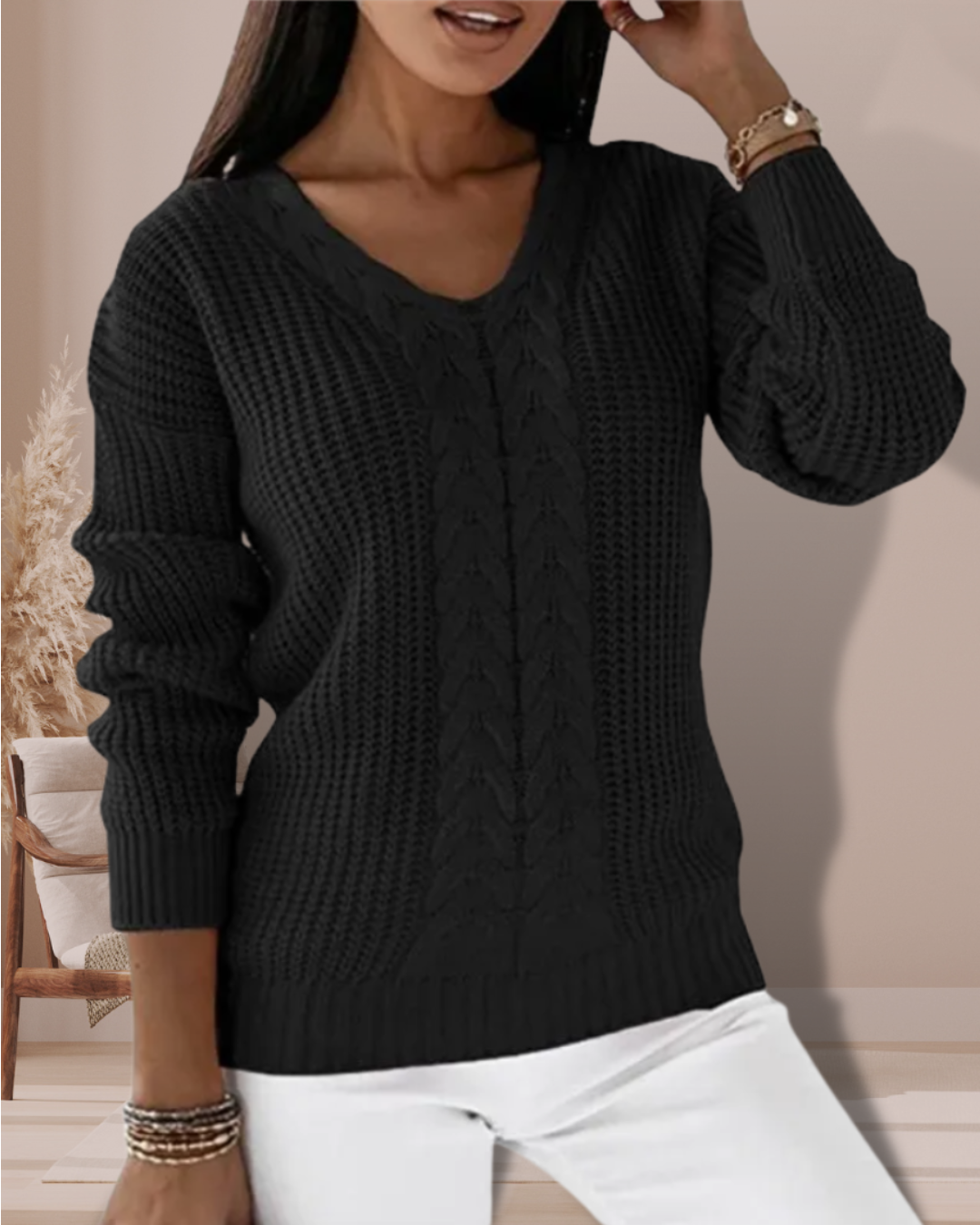 Stilvoller Damen-V-Ausschnitt-Pullover, langarm und weich, perfekt für Modebewusste im Winter und in der Freizeit.
