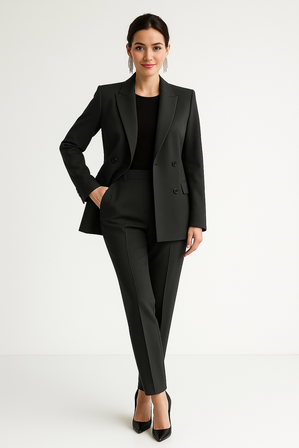 Eleganter Damen Zweiteiler Anzug: stilvoller Blazer & passende Hose für einen professionellen Business-Look.