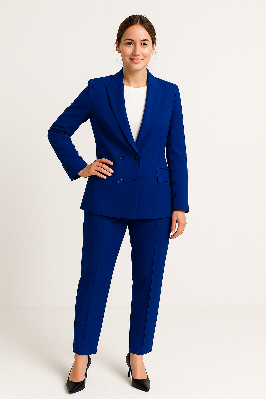 Sophistizierter Damen Zweiteiler: Eleganter Blazer & Hose für ein stilvolles Büro- oder Abendoutfit.