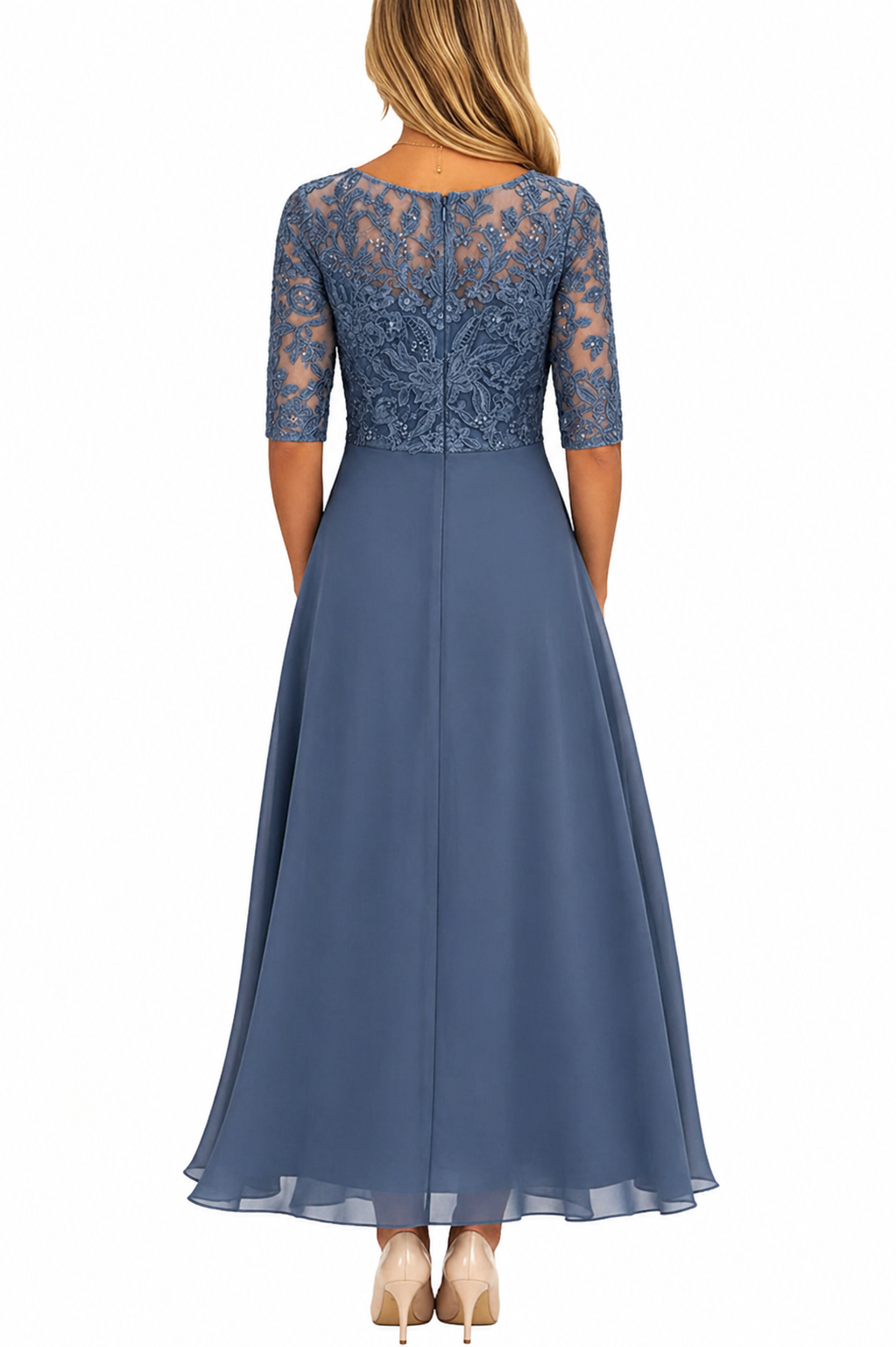 Detailaufnahme: Zarte Blumenstickerei auf dem eleganten Midi-Abendkleid für Damen, stilvoll & festlich.