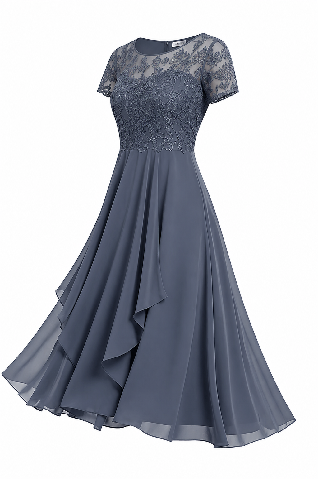 Hochwertiger Stoff und Stickerei des eleganten Midi-Damenkleides, perfekt für besondere Anlässe.