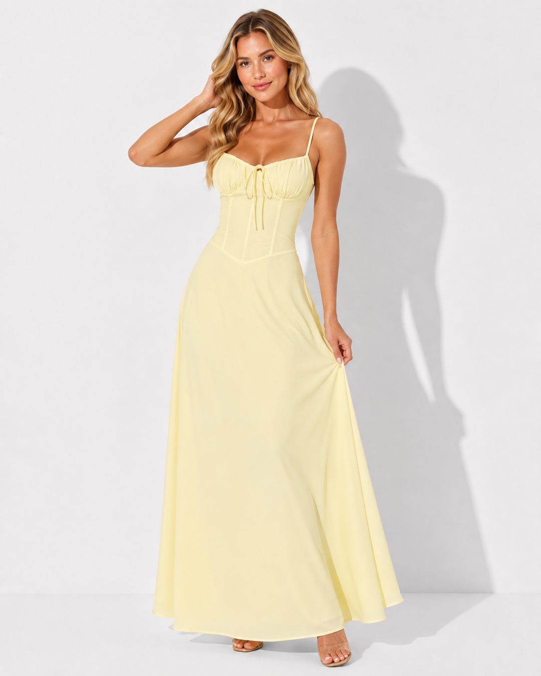 Langes Damen Schnürkleid mit elegantem Korsett-Oberteil, figurbetont und rückenfrei für Damen.