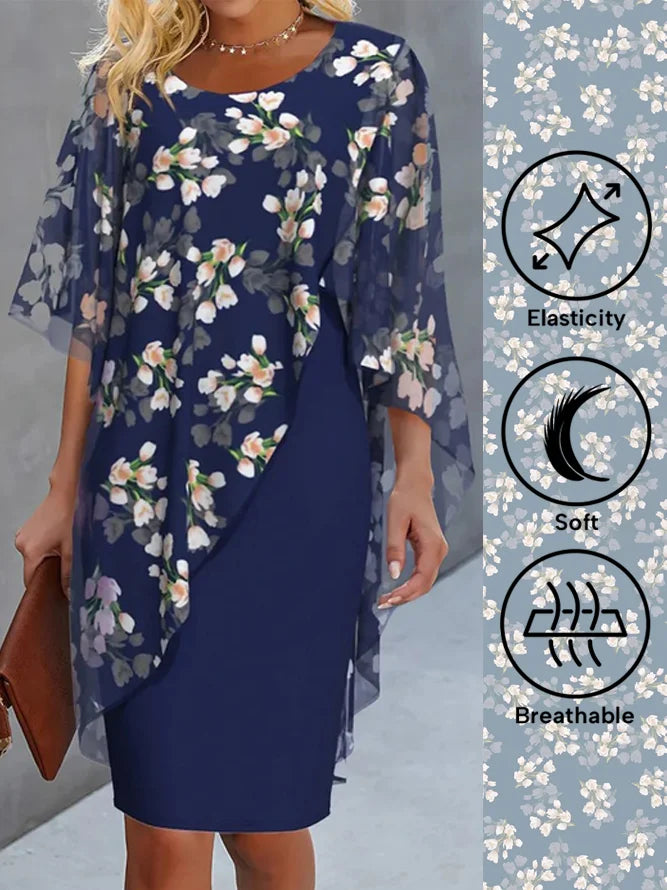 Elegantes Damen Blumenkleid mit fließenden Cape-Ärmeln, figurbetontes Midikleid, ideal für festliche Anlässe & Hochzeitsgäste.