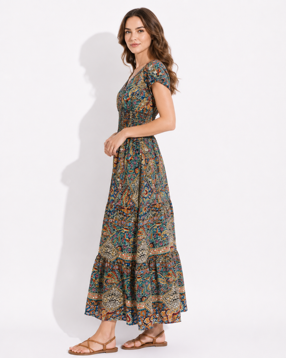 Farbenfrohes Damen Maxikleid mit Paisley, V-Ausschnitt, Kurzarm und A-Linie, ideal für Sommer und Freizeit.