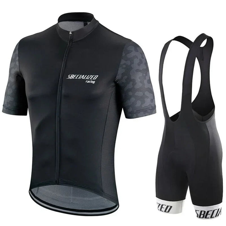 Komfortables Herren Radsportset Sommer, atmungsaktives Kurzarm-Trikot & gepolsterte Bib Shorts für Radfahren.
