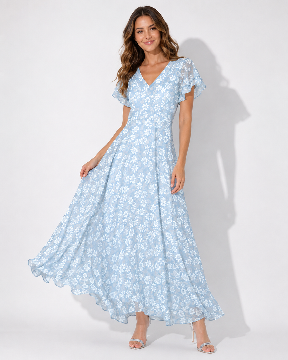 Festliches Damen Maxikleid in A-Linie mit elegantem Blumendruck, V-Ausschnitt & Kurzarm. Ideal als Sommer-Freizeitkleid.