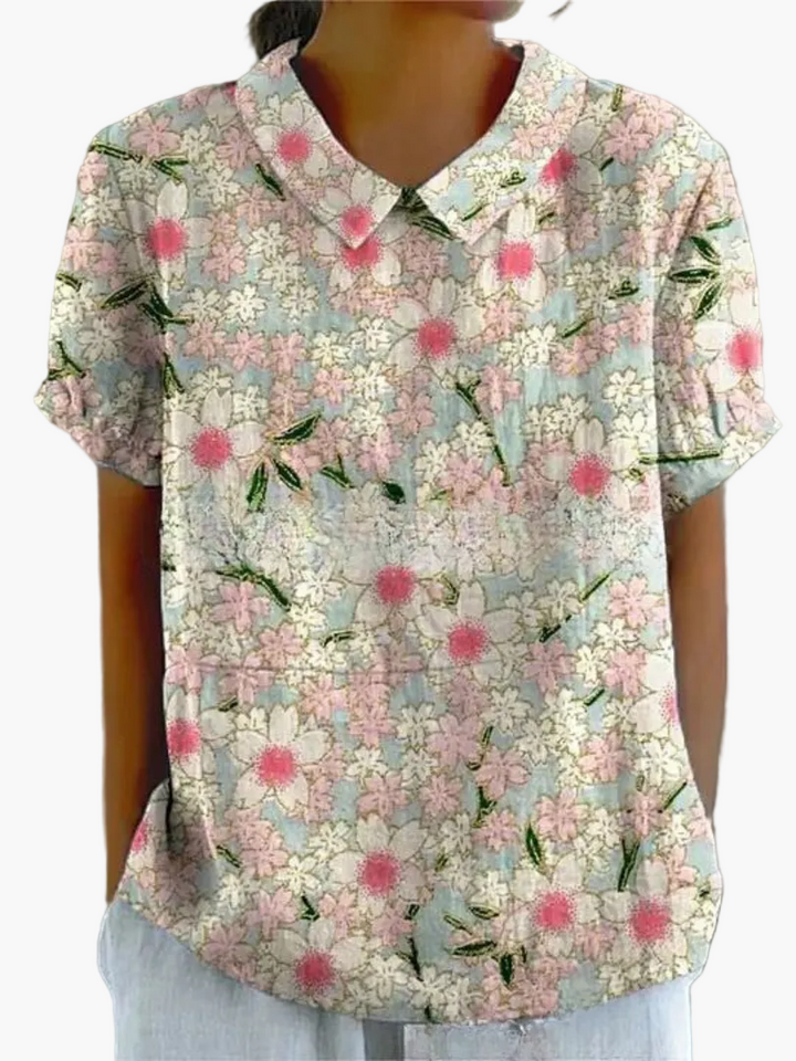 Blaue Damen-Retro-Bluse mit Blumenprint; Kurzarm, perfekt für Sommer & Büro.