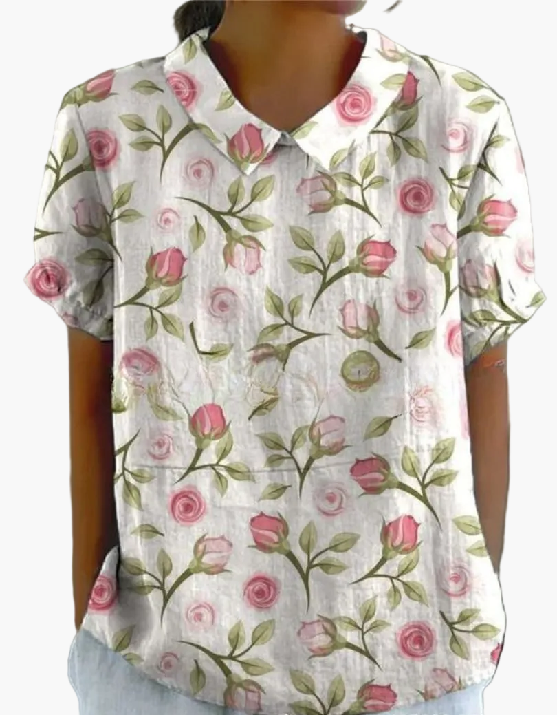 Elegante Damen Freizeit-Bluse im Vintage-Stil; Kurzarm mit Blumenmuster.