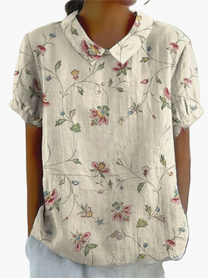 Grüne Damenbluse mit Retro-Blumenmuster; Kurzarm, vielseitig für Freizeit & Büro.